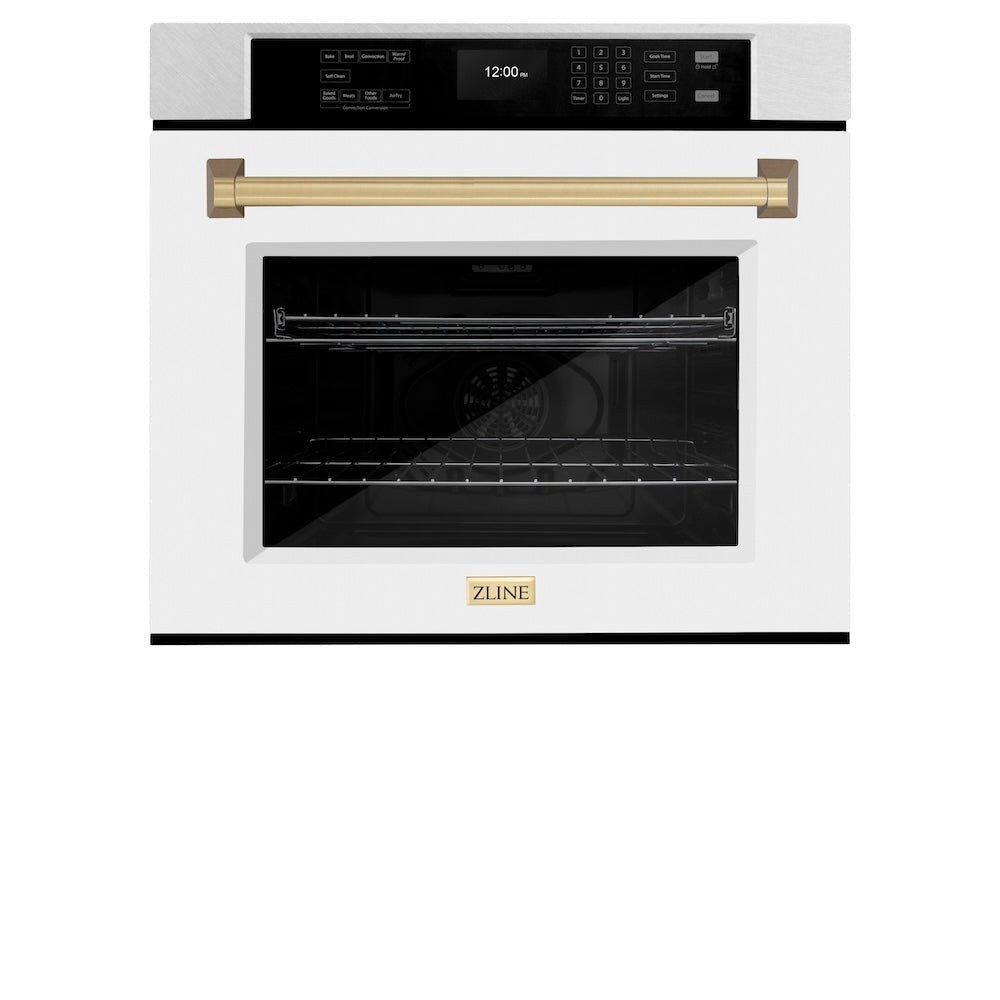 ZLINE Autograph Edition 30 in. Professional True Convection Single Wall Oven with Air Fry and Self Clean in Satin Stainless Steel with White Matte Door and Champagne Bronze Handle (WASSZ-WM-30-CB)