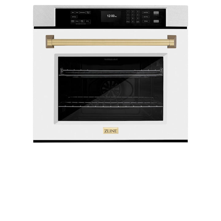 ZLINE Autograph Edition 30 in. Professional True Convection Single Wall Oven with Air Fry and Self Clean in Satin Stainless Steel with White Matte Door and Champagne Bronze Handle (WASSZ-WM-30-CB)