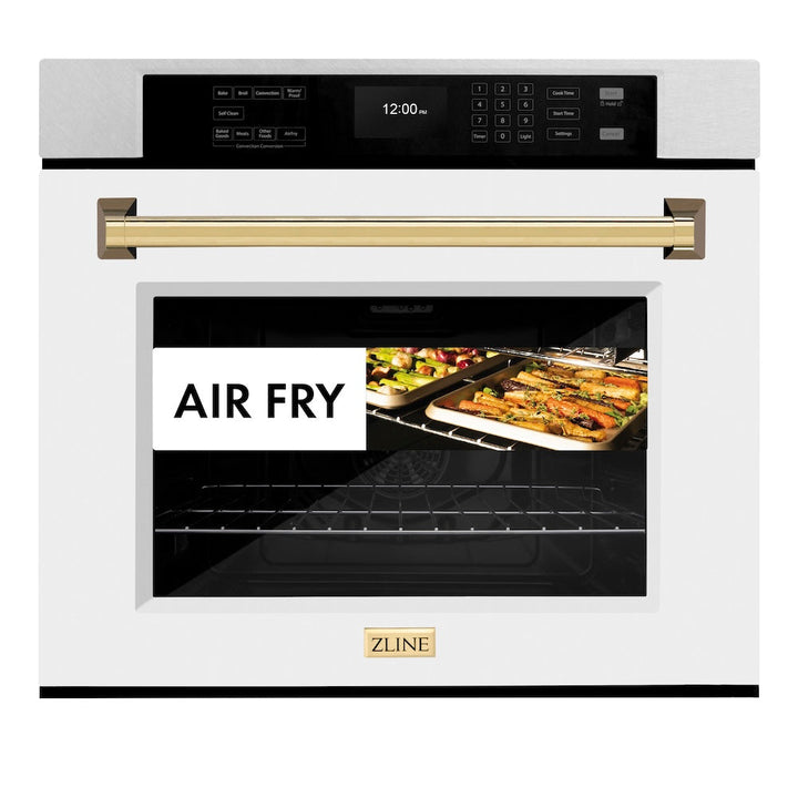 ZLINE Autograph Edition 30 in. Professional True Convection Single Wall Oven with Air Fry and Self Clean in Satin Stainless Steel with White Matte Door and Polished Gold Handle (WASSZ-WM-30-G)