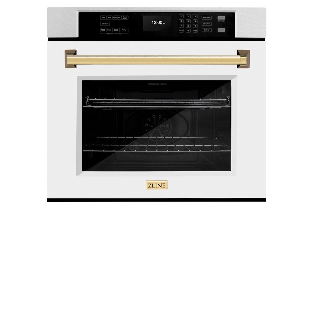 ZLINE Autograph Edition 30 in. Professional True Convection Single Wall Oven with Air Fry and Self Clean in Satin Stainless Steel with White Matte Door and Polished Gold Handle (WASSZ-WM-30-G)