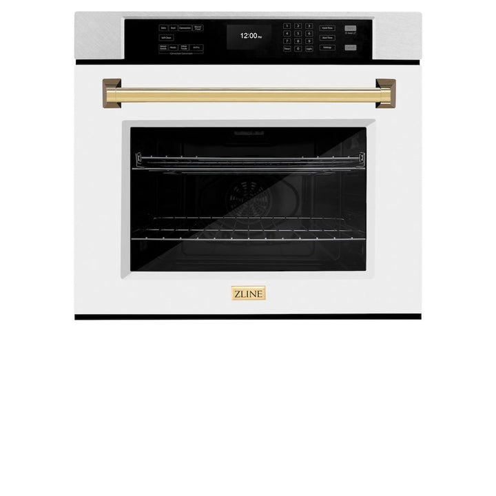 ZLINE Autograph Edition 30 in. Professional True Convection Single Wall Oven with Air Fry and Self Clean in Satin Stainless Steel with White Matte Door and Polished Gold Handle (WASSZ-WM-30-G)