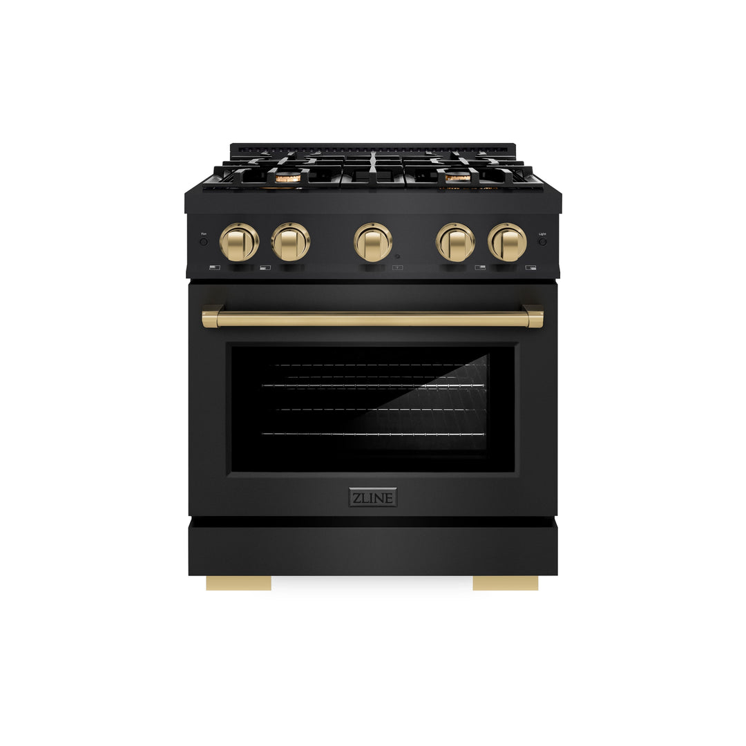 ZLINE Autograph 30" 4.2 cu. ft. Select Dual Fuel Range with 4 Burners in Black Stainless Steel with Champagne Bronze Accents, HDRBZ-30-CB