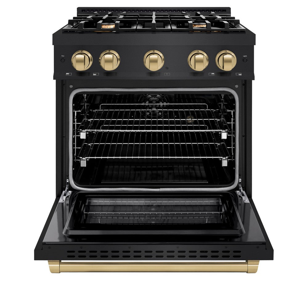 ZLINE Autograph 30" 4.2 cu. ft. Select Dual Fuel Range with 4 Burners in Black Stainless Steel with Champagne Bronze Accents, HDRBZ-30-CB