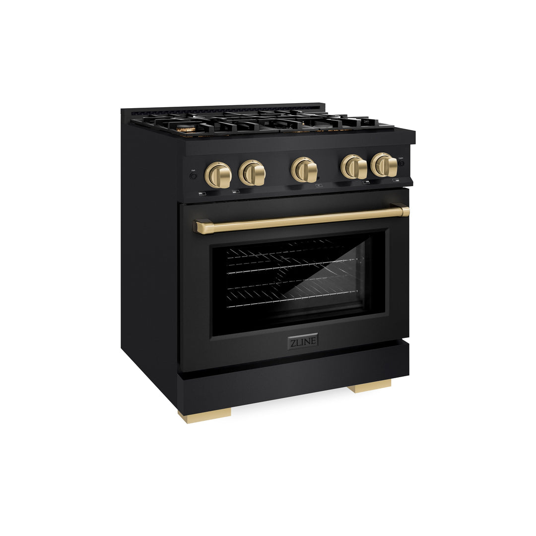 ZLINE Autograph 30" 4.2 cu. ft. Select Dual Fuel Range with 4 Burners in Black Stainless Steel with Champagne Bronze Accents, HDRBZ-30-CB