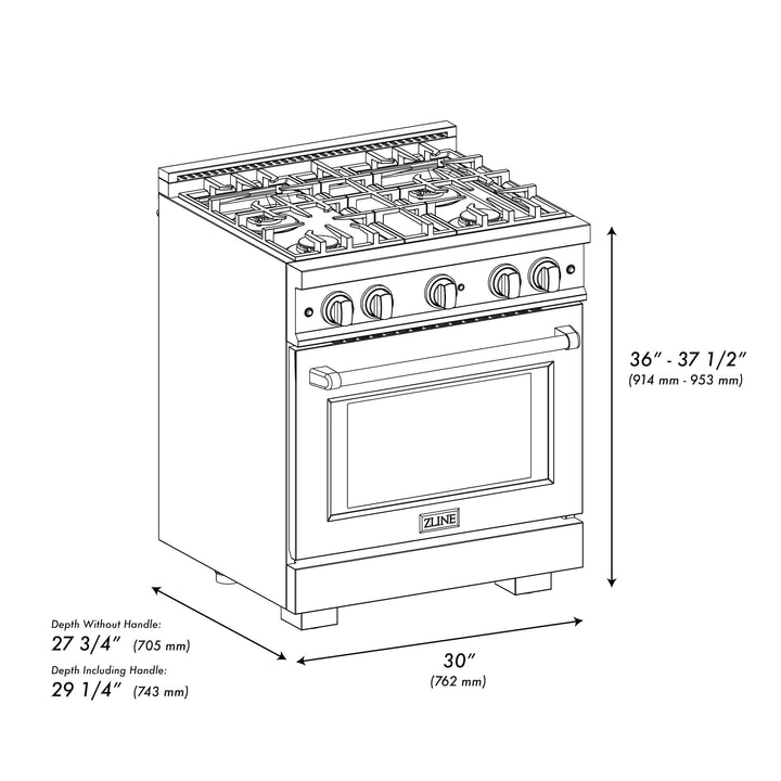 ZLINE Autograph 30" 4.2 cu. ft. Select Gas Range with 4 Burners in Black Stainless Steel and Polished Gold Accents, HGRBZ-30-G