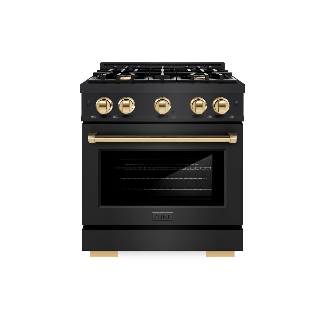 ZLINE Autograph 30" 4.2 cu. ft. Select Gas Range with 4 Burners in Black Stainless Steel and Polished Gold Accents, HGRBZ-30-G