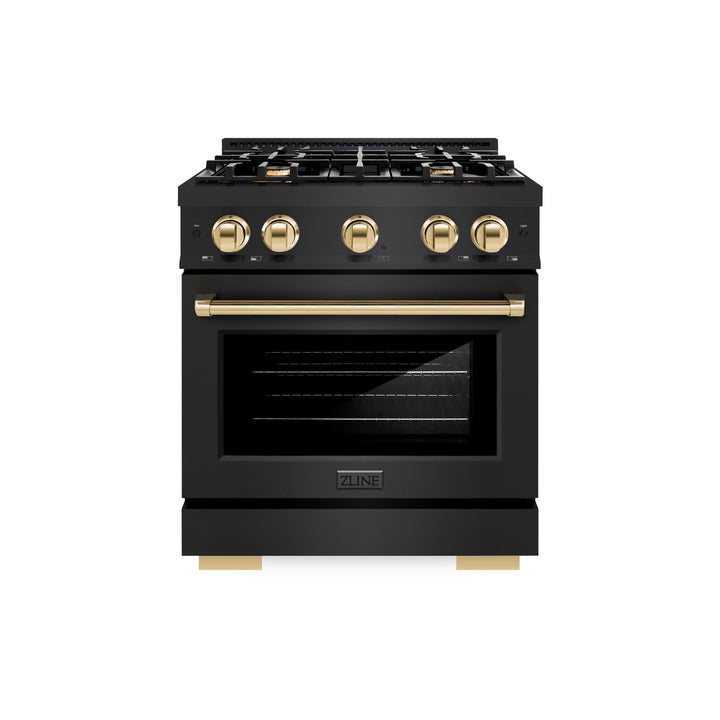 ZLINE Autograph 30" 4.2 cu. ft. Select Gas Range with 4 Burners in Black Stainless Steel and Polished Gold Accents, HGRBZ-30-G