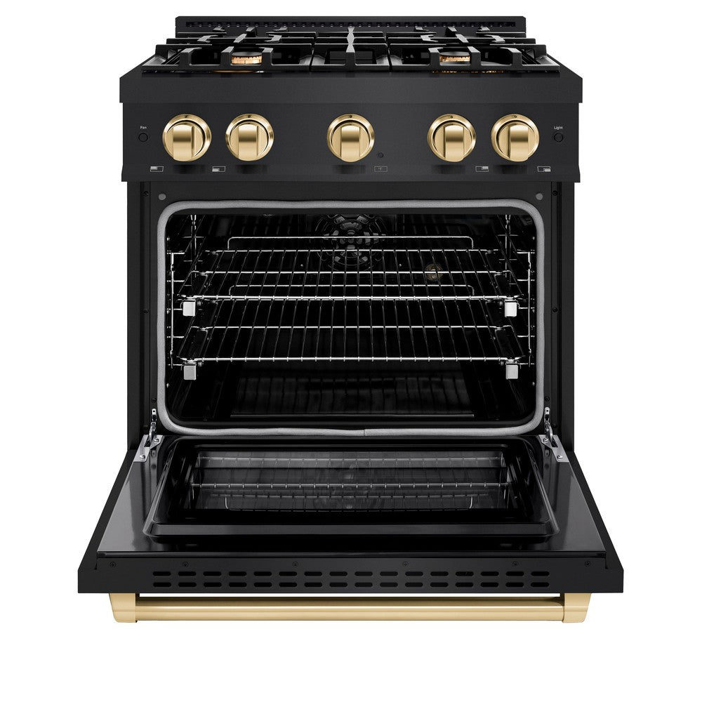 ZLINE Autograph 30" 4.2 cu. ft. Select Dual Fuel Range with 4 Burners in Black Stainless Steel with Polished Gold Accents, HDRBZ-30-G