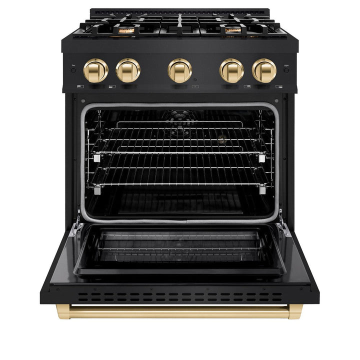 ZLINE Autograph 30" 4.2 cu. ft. Select Gas Range with 4 Burners in Black Stainless Steel and Polished Gold Accents, HGRBZ-30-G