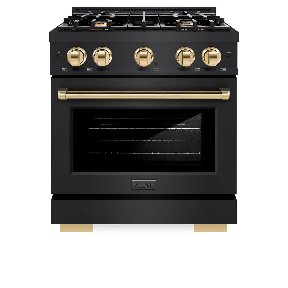 ZLINE Autograph 30" 4.2 cu. ft. Select Dual Fuel Range with 4 Burners in Black Stainless Steel with Polished Gold Accents, HDRBZ-30-G