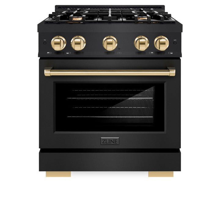 ZLINE Autograph 30" 4.2 cu. ft. Select Dual Fuel Range with 4 Burners in Black Stainless Steel with Polished Gold Accents, HDRBZ-30-G