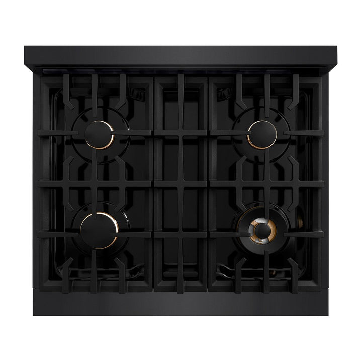 ZLINE Autograph 30" 4.2 cu. ft. Select Gas Range with 4 Burners in Black Stainless Steel and Polished Gold Accents, HGRBZ-30-G