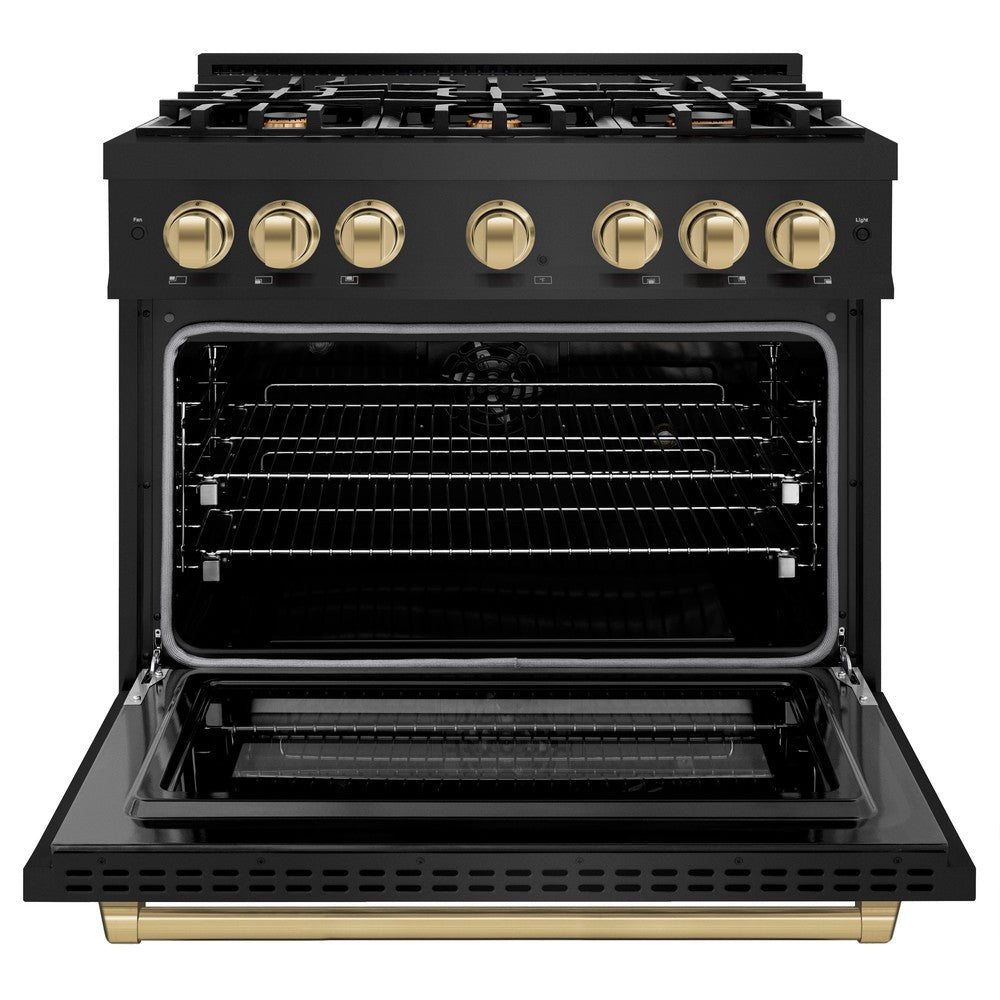 ZLINE Autograph 36" 5.2 cu. ft. Select Dual Fuel Range with 6 Burners in Black Stainless Steel with Champagne Bronze Accents, HDRBZ-36-CB