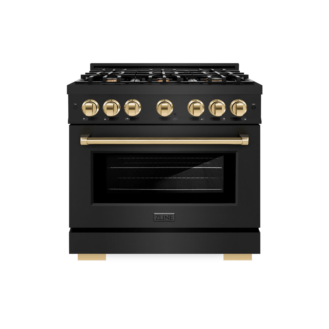 ZLINE Autograph 36" 5.2 cu. ft. Select Dual Fuel Range with 6 Burners in Black Stainless Steel with Polished Gold Accents, HDRBZ-36-G