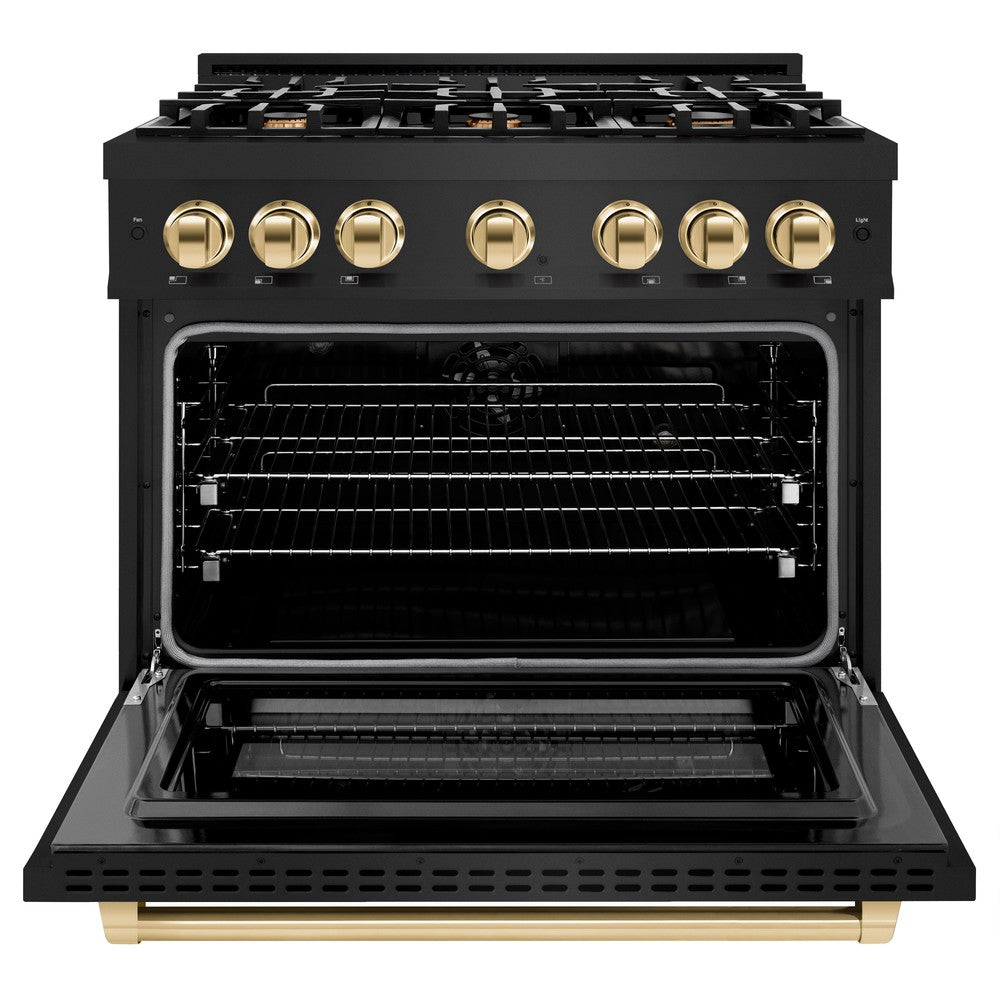 ZLINE Autograph 36" 5.2 cu. ft. Select Dual Fuel Range with 6 Burners in Black Stainless Steel with Polished Gold Accents, HDRBZ-36-G