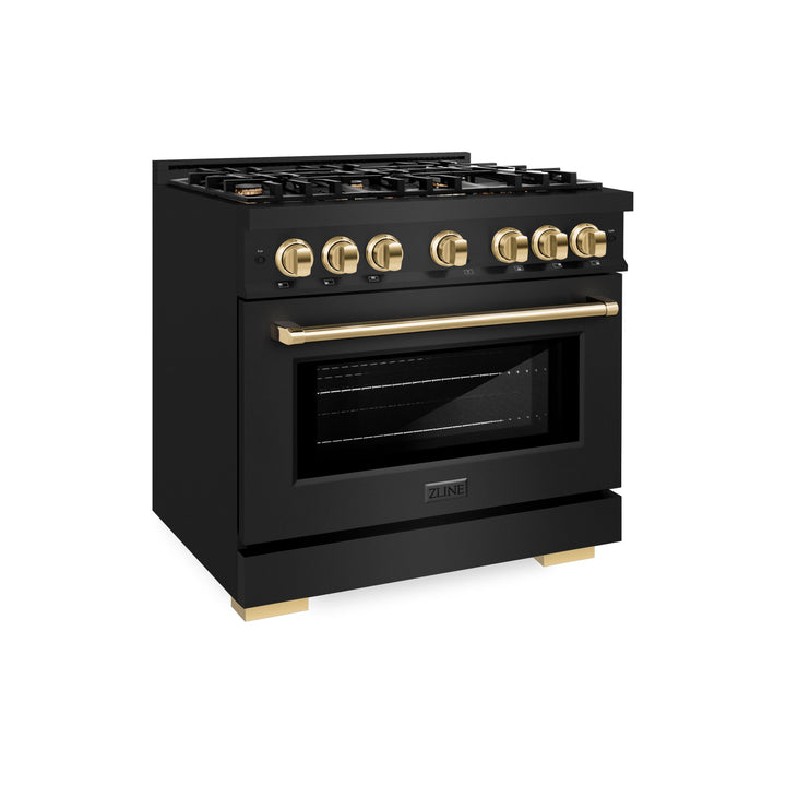 ZLINE Autograph 36" 5.2 cu. ft. Select Dual Fuel Range with 6 Burners in Black Stainless Steel with Polished Gold Accents, HDRBZ-36-G