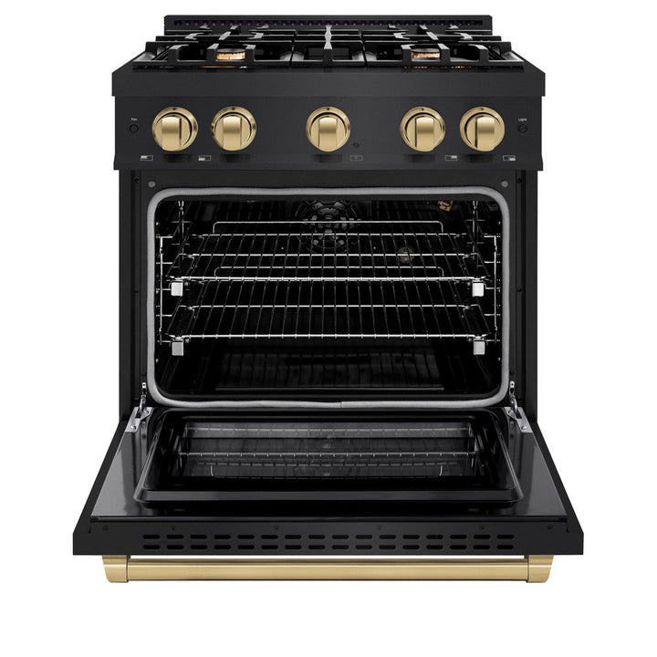 ZLINE Autograph 30" 4.2 cu. ft. Select Gas Range with 4 Burners in Black Stainless Steel and Champagne Bronze Accents, HGRBZ-30-CB