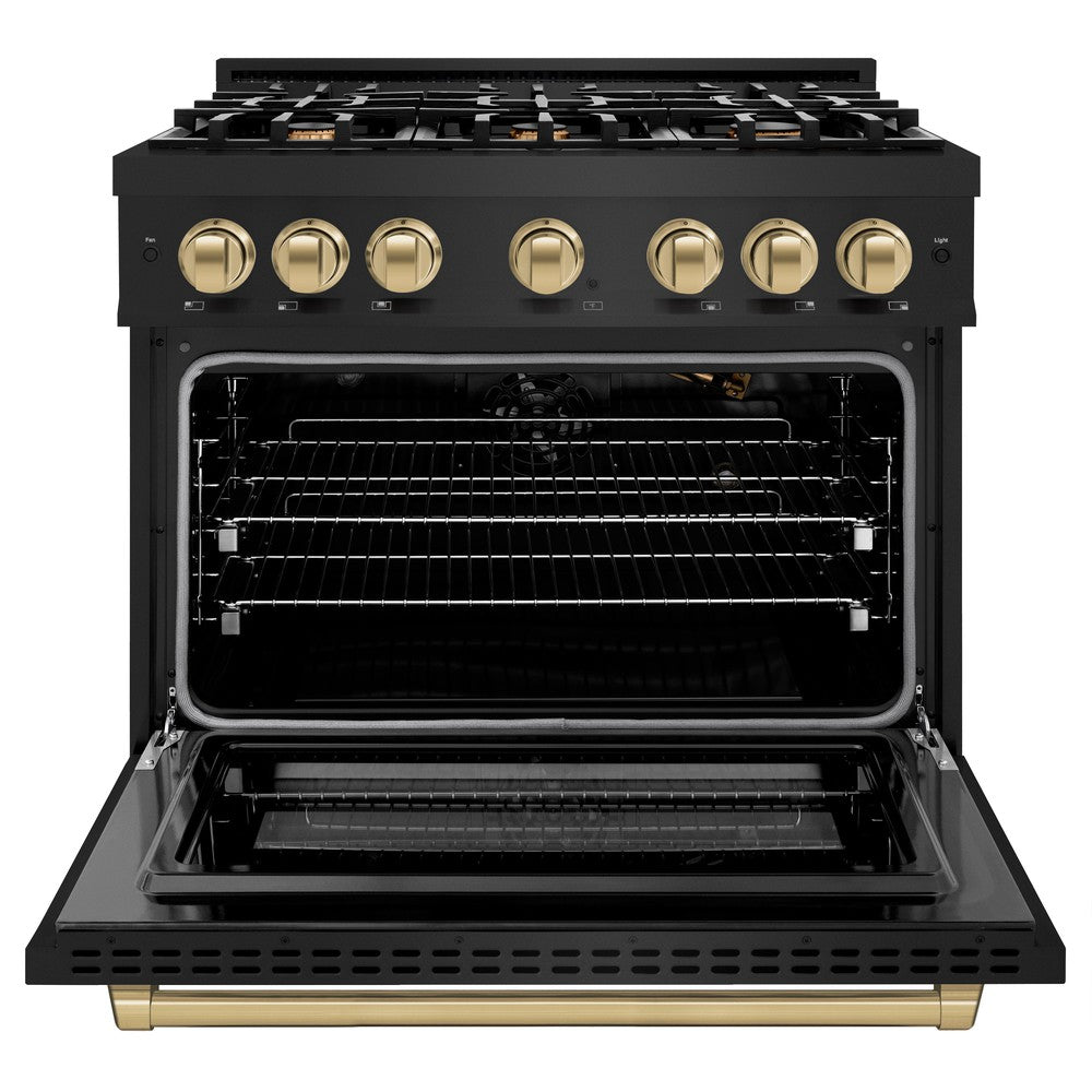 ZLINE Autograph 36" 5.2 cu. ft. Select Gas Range with 6 Burners in Black Stainless Steel and Champagne Bronze Accents, HGRBZ-36-CB