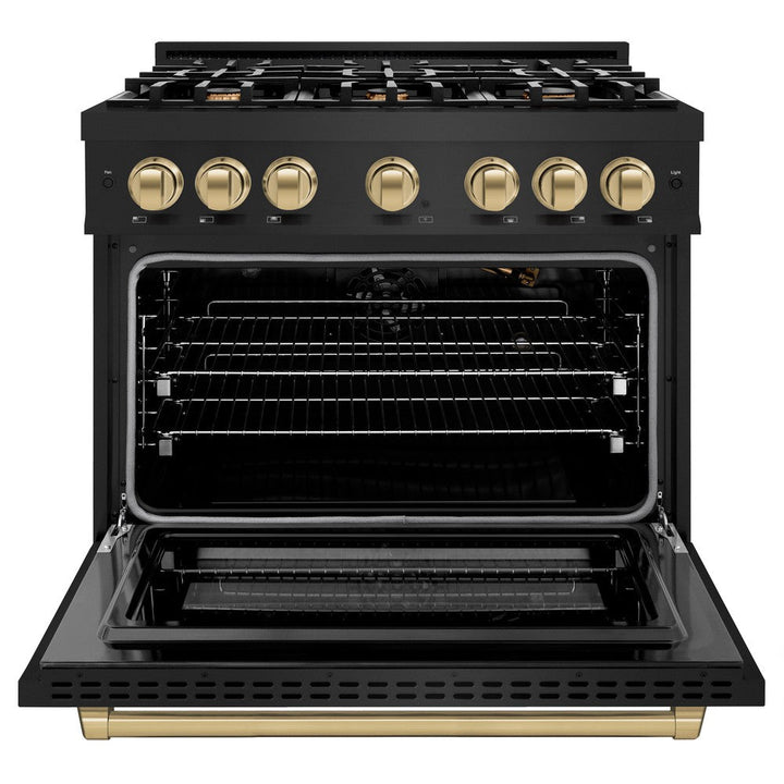 ZLINE Autograph 36" 5.2 cu. ft. Select Gas Range with 6 Burners in Black Stainless Steel and Champagne Bronze Accents, HGRBZ-36-CB