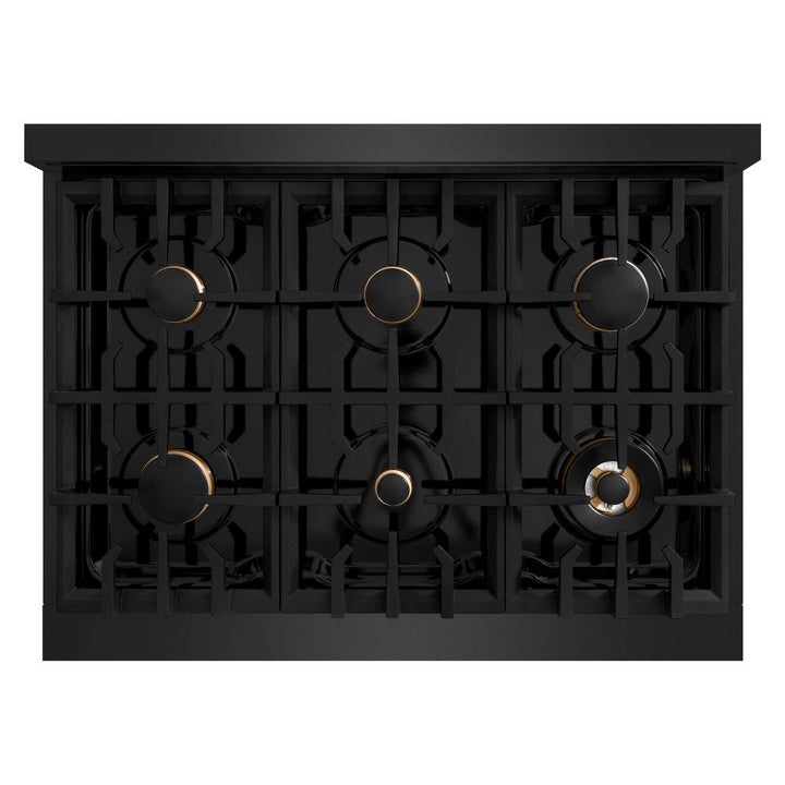 ZLINE Autograph 36" 5.2 cu. ft. Select Gas Range with 6 Burners in Black Stainless Steel and Champagne Bronze Accents, HGRBZ-36-CB