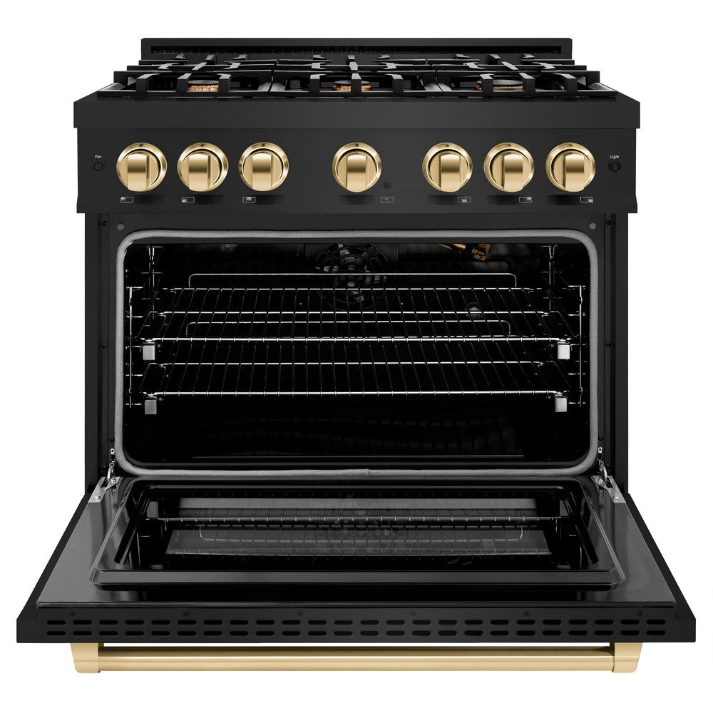 ZLINE Autograph 36" 5.2 cu. ft. Select Gas Range with 6 Burners in Black Stainless Steel and Polished Gold Accents, HGRBZ-36-G