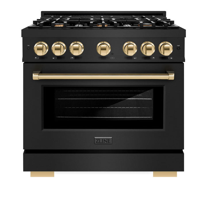 ZLINE Autograph 36" 5.2 cu. ft. Select Gas Range with 6 Burners in Black Stainless Steel and Polished Gold Accents, HGRBZ-36-G