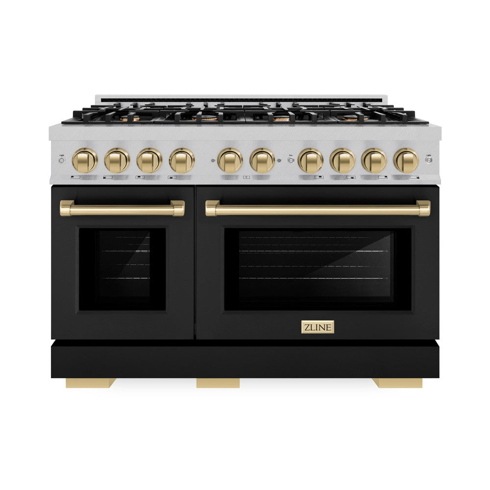 ZLINE Autograph 48" 6.7 cu. ft. Select Double Oven Gas Range with 8 Burners in DuraSnow® Stainless Steel with Black Matte Doors and Champagne Bronze Accents, HGRSZ-BLM-48-CB