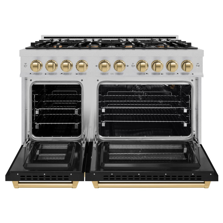 ZLINE Autograph 48" 6.7 cu. ft. Select Double Oven Gas Range with 8 Burners in DuraSnow® Stainless Steel with Black Matte Doors and Champagne Bronze Accents, HGRSZ-BLM-48-CB