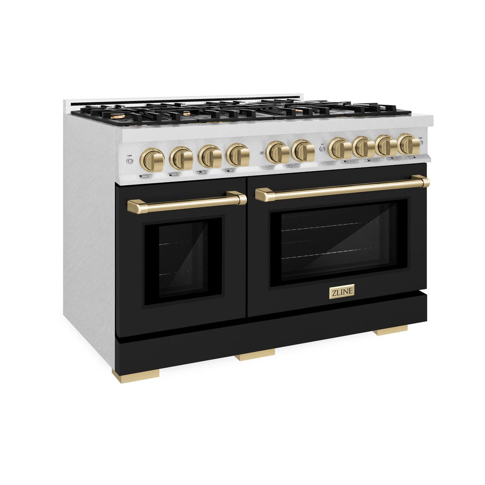 ZLINE Autograph 48" 6.7 cu. ft. Select Double Oven Gas Range with 8 Burners in DuraSnow® Stainless Steel with Black Matte Doors and Champagne Bronze Accents, HGRSZ-BLM-48-CB