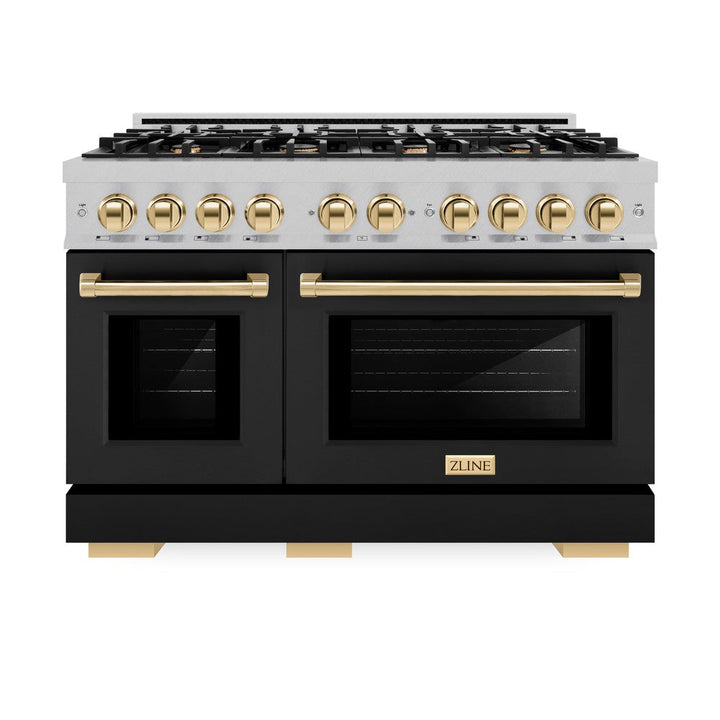 ZLINE Autograph 48" 6.7 cu. ft. Select Double Oven Gas Range with 8 Burners in DuraSnow® Stainless Steel with Black Matte Doors and Polished Gold Accents, HGRSZ-BLM-48-G