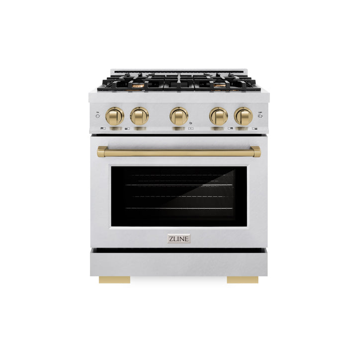 ZLINE Autograph 30" 4.2 cu. ft. Select Dual Fuel Range with 4 Burners in DuraSnow® Stainless Steel with Champagne Bronze Accents, HDRSZ-30-CB