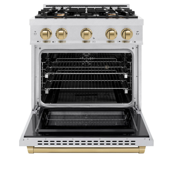 ZLINE Autograph 30" 4.2 cu. ft. Select Dual Fuel Range with 4 Burners in DuraSnow® Stainless Steel with Champagne Bronze Accents, HDRSZ-30-CB