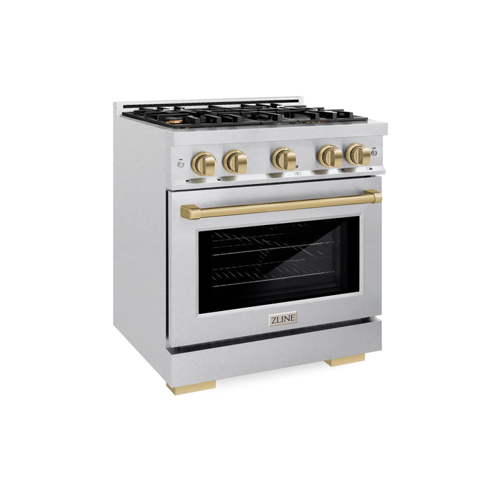 ZLINE Autograph 30" 4.2 cu. ft. Select Dual Fuel Range with 4 Burners in DuraSnow® Stainless Steel with Champagne Bronze Accents, HDRSZ-30-CB