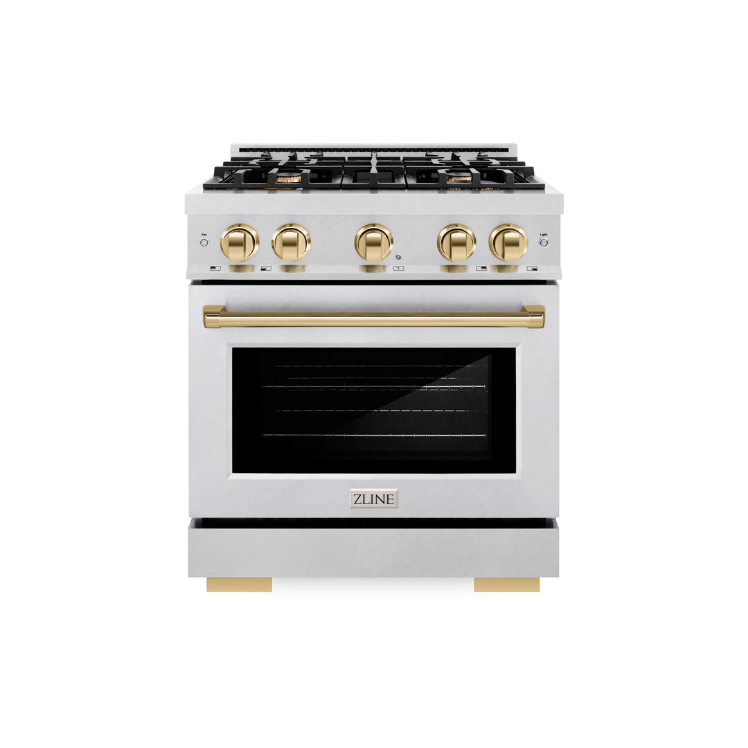 ZLINE Autograph 30" 4.2 cu. ft. Select Dual Fuel Range with 4 Burners in DuraSnow® Stainless Steel with Polished Gold Accents, HDRSZ-30-G