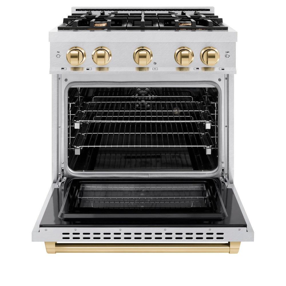 ZLINE Autograph 30" 4.2 cu. ft. Select Dual Fuel Range with 4 Burners in DuraSnow® Stainless Steel with Polished Gold Accents, HDRSZ-30-G