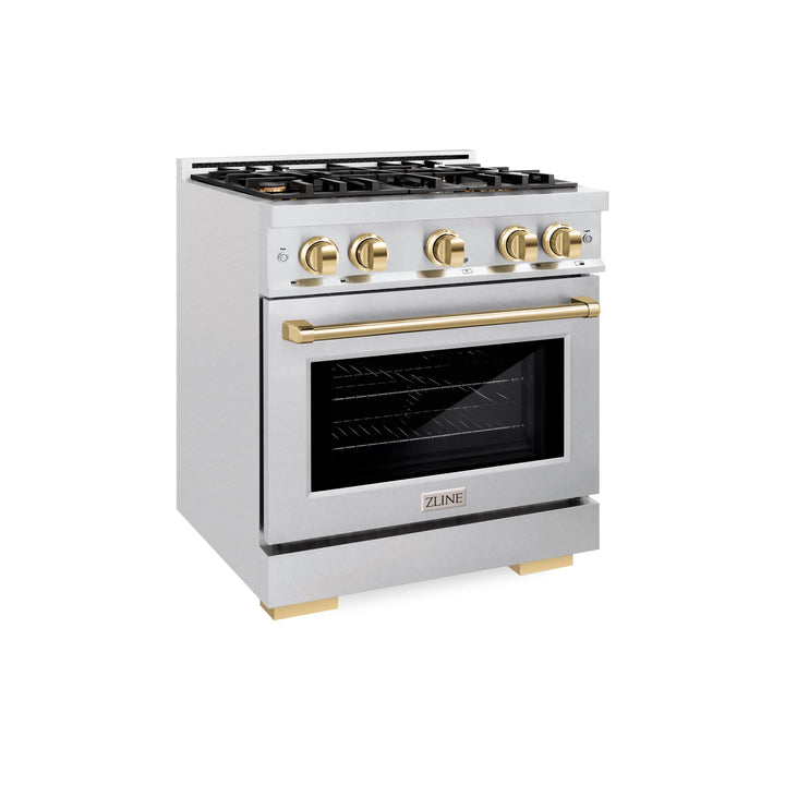 ZLINE Autograph 30" 4.2 cu. ft. Select Dual Fuel Range with 4 Burners in DuraSnow® Stainless Steel with Polished Gold Accents, HDRSZ-30-G