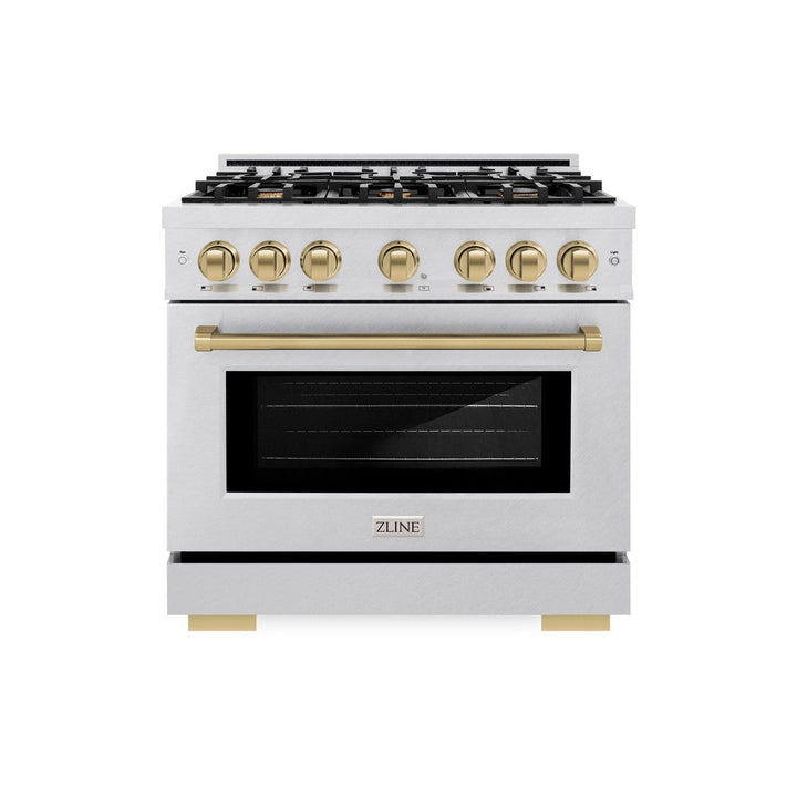 ZLINE Autograph 36" 5.2 cu. ft. Select Dual Fuel Range with 6 Burners in DuraSnow® Stainless Steel with Champagne Bronze Accents, HDRSZ-36-CB