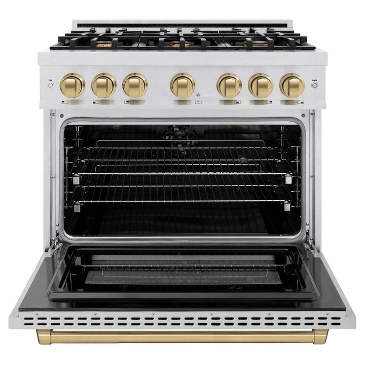 ZLINE Autograph 36" 5.2 cu. ft. Select Dual Fuel Range with 6 Burners in DuraSnow® Stainless Steel with Champagne Bronze Accents, HDRSZ-36-CB