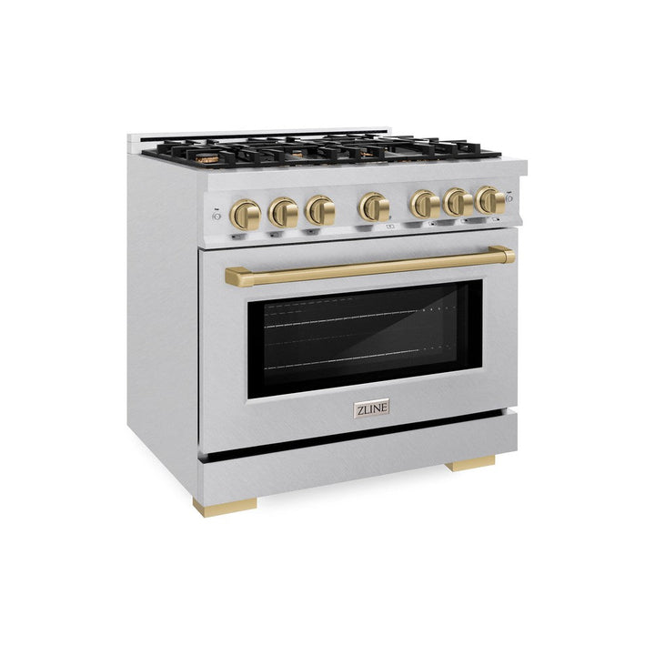 ZLINE Autograph 36" 5.2 cu. ft. Select Dual Fuel Range with 6 Burners in DuraSnow® Stainless Steel with Champagne Bronze Accents, HDRSZ-36-CB