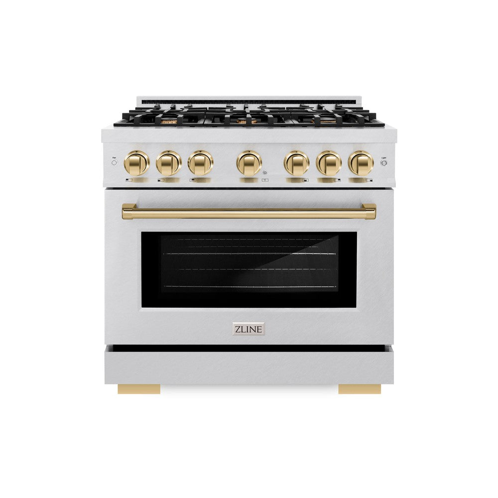 ZLINE Autograph 36" 5.2 cu. ft. Select Dual Fuel Range with 6 Burners in DuraSnow® Stainless Steel with Polished Gold Accents, HDRSZ-36-G