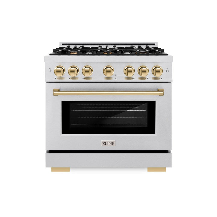 ZLINE Autograph 36" 5.2 cu. ft. Select Dual Fuel Range with 6 Burners in DuraSnow® Stainless Steel with Polished Gold Accents, HDRSZ-36-G