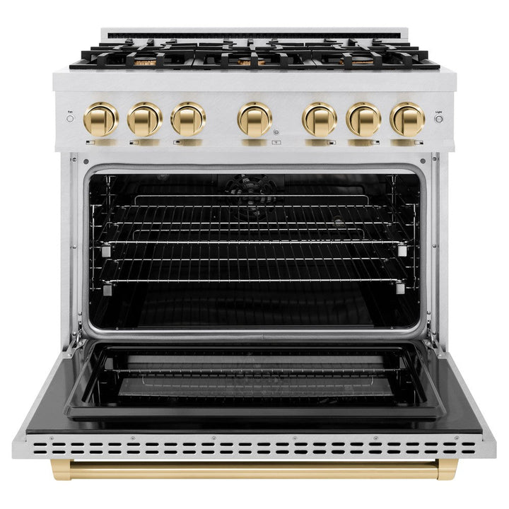 ZLINE Autograph 36" 5.2 cu. ft. Select Dual Fuel Range with 6 Burners in DuraSnow® Stainless Steel with Polished Gold Accents, HDRSZ-36-G