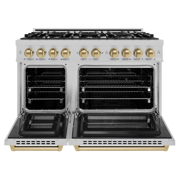 ZLINE Autograph 48" 6.7 cu. ft. Select Double Oven Dual Fuel Range with 8 Burners in DuraSnow® Stainless Steel and Champagne Bronze Accents, HDRSZ-48-CB