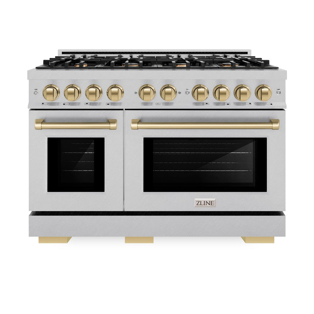 ZLINE Autograph 48" 6.7 cu. ft. Select Double Oven Dual Fuel Range with 8 Burners in DuraSnow® Stainless Steel and Champagne Bronze Accents, HDRSZ-48-CB