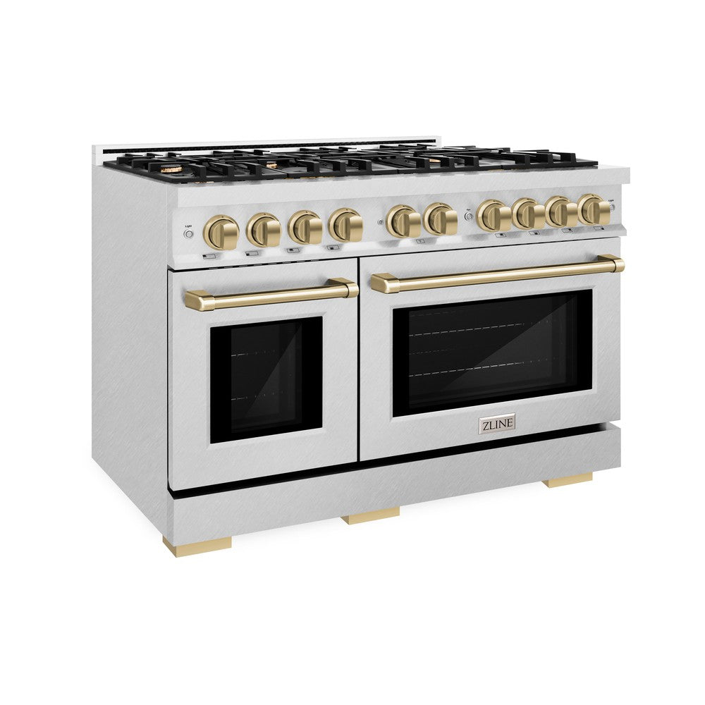 ZLINE Autograph 48" 6.7 cu. ft. Select Double Oven Dual Fuel Range with 8 Burners in DuraSnow® Stainless Steel and Champagne Bronze Accents, HDRSZ-48-CB