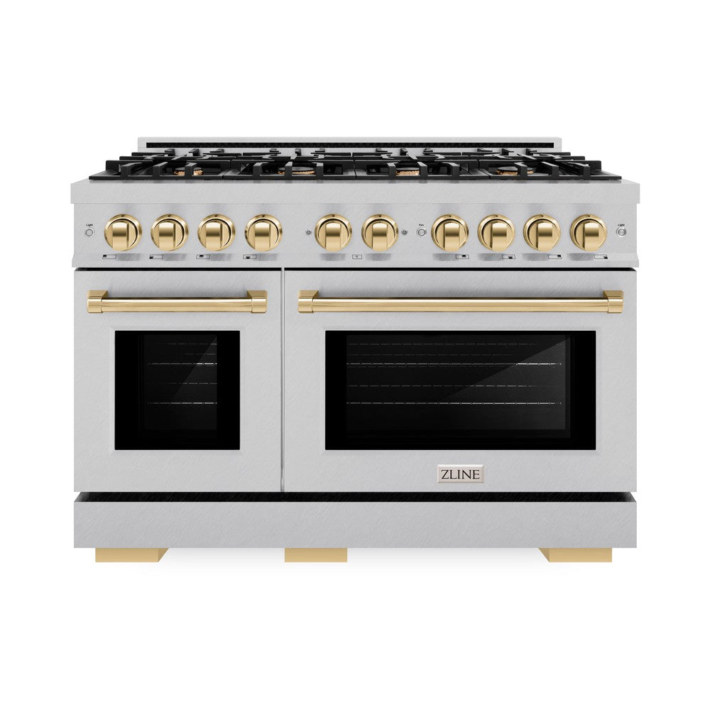 ZLINE Autograph 48" 6.7 cu. ft. Select Double Oven Dual Fuel Range with 8 Burners in DuraSnow® Stainless Steel and Polished Gold Accents, HDRSZ-48-G