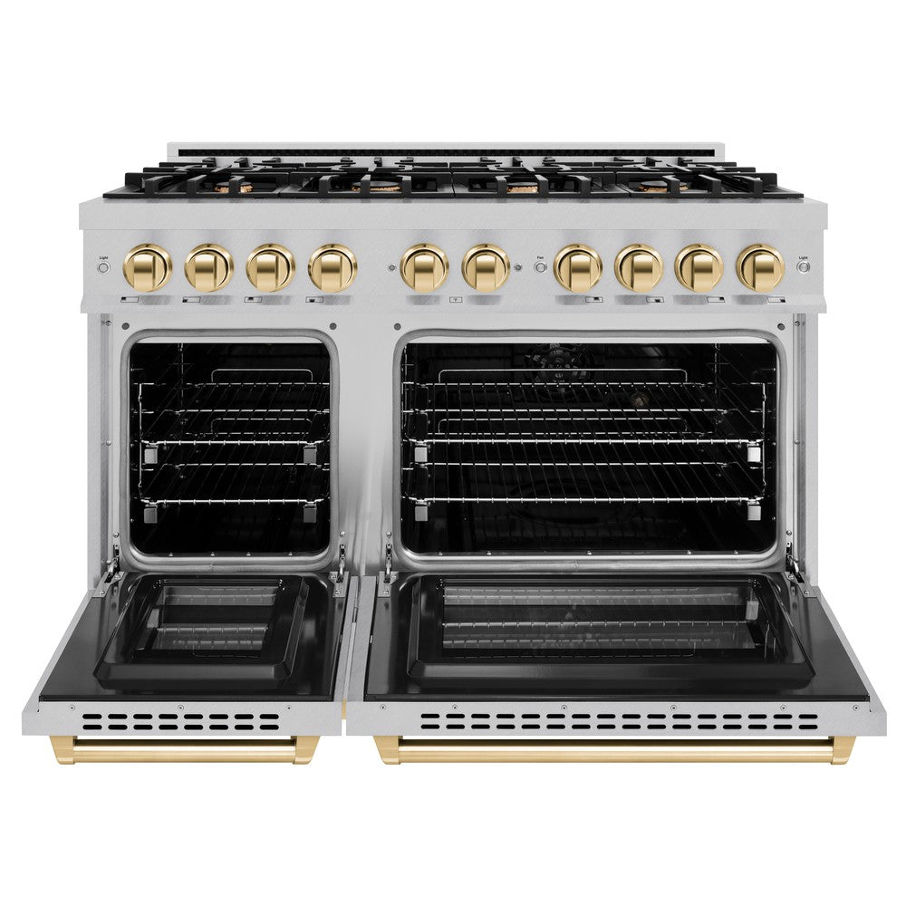 ZLINE Autograph 48" 6.7 cu. ft. Select Double Oven Dual Fuel Range with 8 Burners in DuraSnow® Stainless Steel and Polished Gold Accents, HDRSZ-48-G