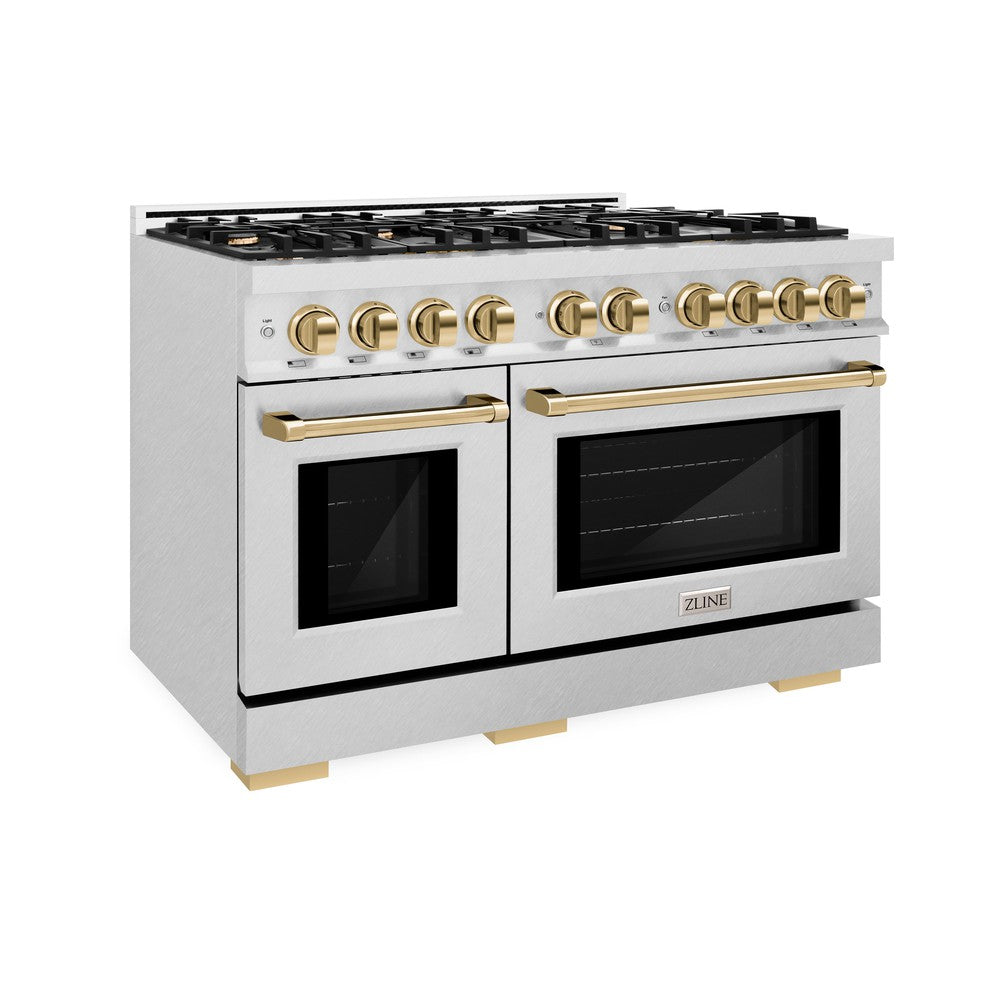 ZLINE Autograph 48" 6.7 cu. ft. Select Double Oven Dual Fuel Range with 8 Burners in DuraSnow® Stainless Steel and Polished Gold Accents, HDRSZ-48-G