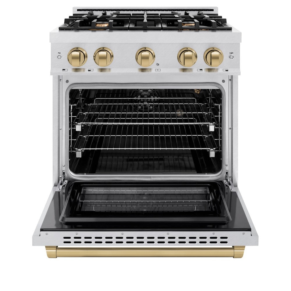 ZLINE Autograph 30" 4.2 cu. ft. Select Gas Range with 4 Burners in DuraSnow® Stainless Steel and Champagne Bronze Accents, HGRSZ-30-CB