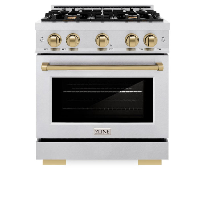 ZLINE Autograph 30" 4.2 cu. ft. Select Gas Range with 4 Burners in DuraSnow® Stainless Steel and Champagne Bronze Accents, HGRSZ-30-CB